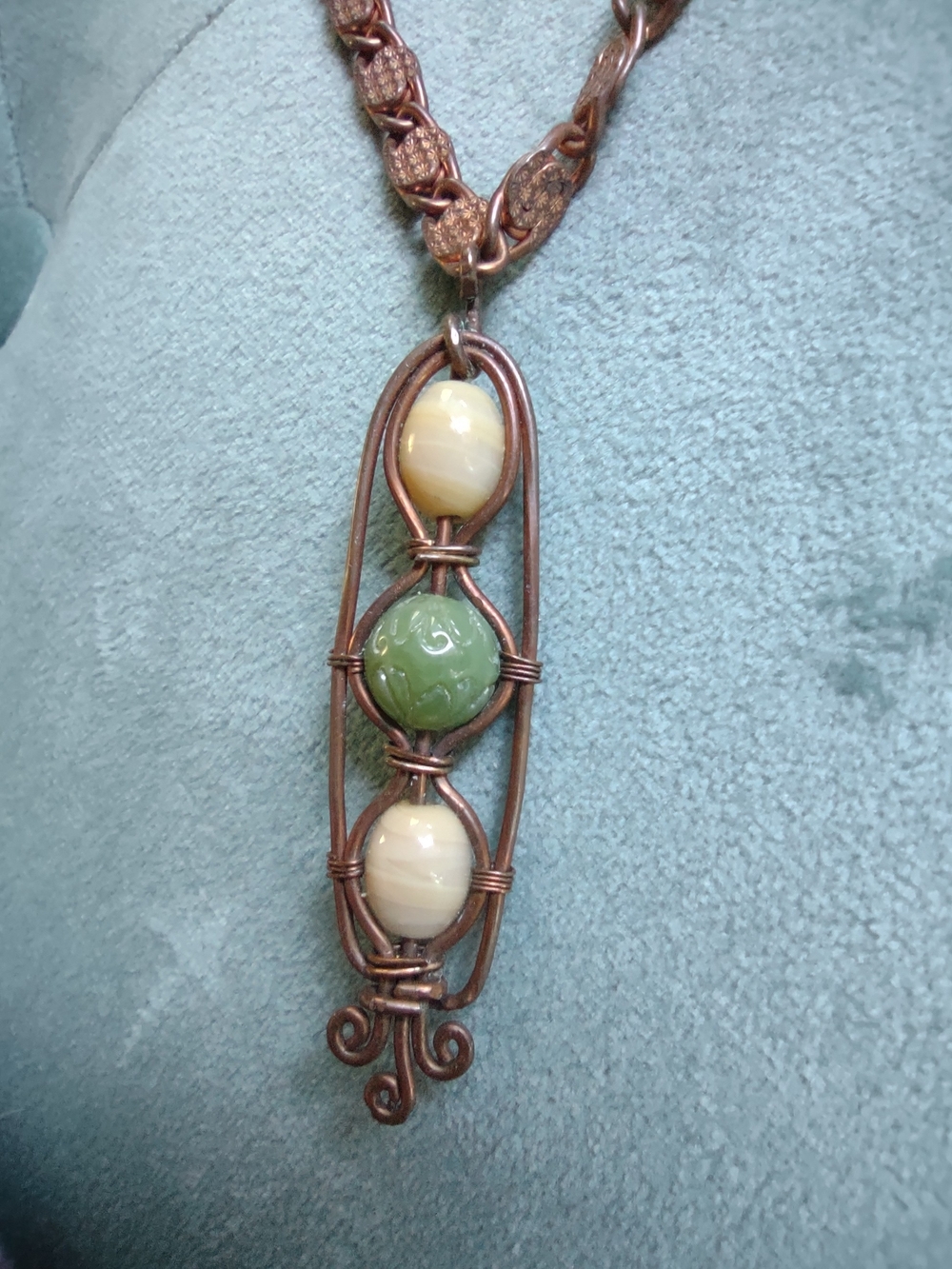 Handcrafted Copper Pendant Necklace with Green and Cream Beads